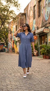 Robe chemise en lin et coton bleu, manches bouffantes, longueur midi, col rabattu, ourlet plissé, tenue décontractée d'été - Product Image 4