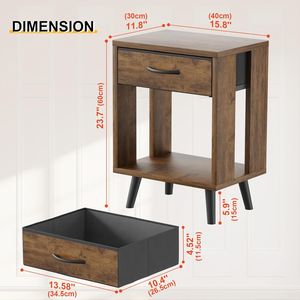 Dark Rustic Brown Bedroom <b>Side</b> Tables Set of 2 Nightstands with Fabric Drawers and Open Shelves Bedside Table Nightstands - Product Image 4