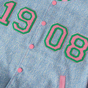 AKA 1908 Denim Bomber Jacket for Women Light Blue Pink Green Varsity Style Snap Button Jacket Premium Casual Outerwear - Product Image 5