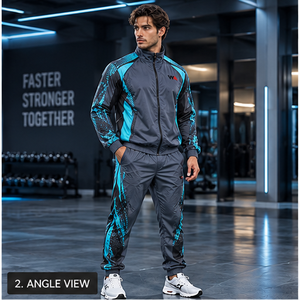Survêtement coupe-vent gris bleu pour homme, à blocs de couleur, fermeture éclair intégrale, sportif, athlétique, séchage rapide, respirant, OEM, vente chaude - Product Image 2