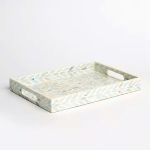 Rectangular Mother of Pearl Serving Tray Nacre Wood <b>Lap</b> Ottoman Tray Coffee <b>Table</b>, Luxury Decorative Handmade Eating Platters - Product Image 3