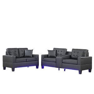 Genesis Tufted Loveseat and Sofa Set <b>Black</b> PVC Fabric with LED Lights USB Charger Storage <b>Console</b> Cupholders-for Living Room - Product Image 2