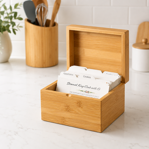 Boîte à cartes de recettes en bambou – Rangement carré élégant pour cartes de recettes, reçus et clés |   Organisateur de bureau en bambou naturel, cadeau idéal - Product Image 1