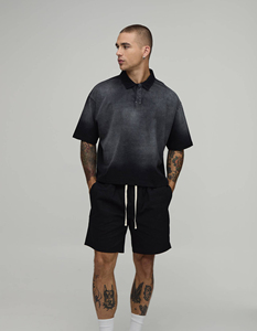 Conjunto de Camiseta Polo con Efecto Degradado para Hombre, Negro, Casual, Pantalones Cortos de Verano, Dos Piezas, Tejido de Algodón, Estilo Urbano, Moda - Product Image 1