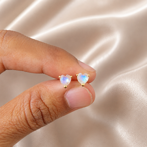 Rainbow Moonstone Heart <b>Stud</b> <b>Earrings</b> 5mm Gold Prong Set <b>Earrings</b> White Gemstone Heart <b>Studs</b> Minimalist Dainty <b>Earrings</b> - Product Image 4