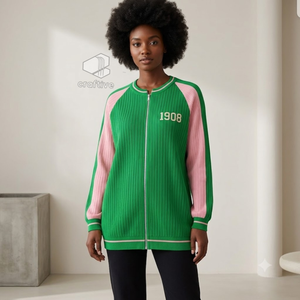 Alpha |   Kapa |   Cardigan zippé intégral pour femme Alpha Sorority, couleur vert-rose, manches longues, tricot doux, style universitaire grec - Product Image 4