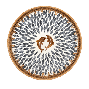 Luxury Round Dolphin Pattern Mother of Pearl Inlaid Kitchen Serving Tray Elegant <b>Coffee</b> <b>Table</b> Ottoman Organizer Wholesale - Product Image 1
