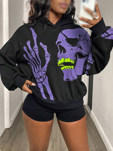 Sudadera con capucha extragrande negra para mujer con estampado de calavera y mano de esqueleto morados, forro polar, manga regular, venta directa de fábrica OEM - Product Image 4