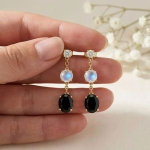 <b>Rainbow</b> Moonstone and Black Obsidian Dangle <b>Drop</b> Earrings with CZ Accent Elegant Round Gemstone Earrings in 925 Sterling Silver - Product Image 4