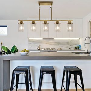 Lampadario Moderno Industriale a 5 Luci da 37 Pollici con Paralumi in Vetro Trasparente e Struttura in Metallo Dorato, Lampada a Sospensione per Sala da Pranzo - Product Image 5