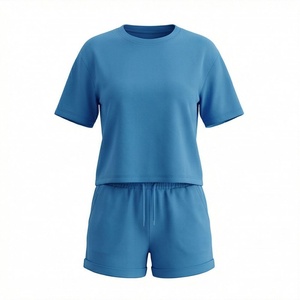 Women's 2 Piece Solid Blue <b>Knitted</b> Casual <b>Set</b> Short Sleeve T Shirt and Above Knee Shorts Regular Fit Spring Summer Wear - Product Image 1