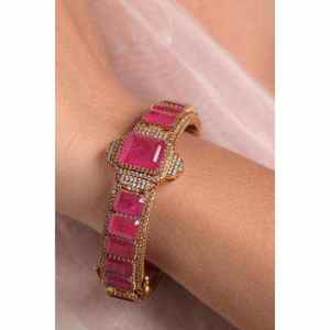 Gajaah Bracelet manchette en argent sterling 925, style traditionnel à ligne unique, avec pierre précieuse rose, pour femme, pierre de naissance, cadeau spécial - Product Image 1