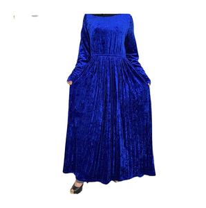 Automne hiver élégant modeste robe musulmane dubaï turc casual tenues couleur unie lin Satin Abaya caftan plissé velours couverture - Product Image 1