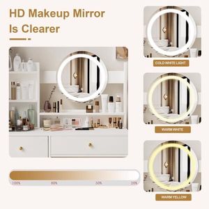 Fashionable Vanity Desk with LED Lights Cushioned Chair 3-Color Mirror Table Set for <b>Dressing</b> & Makeup - Product Image 3