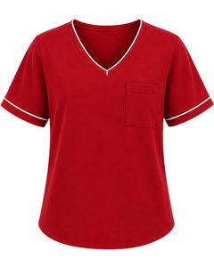 Camiseta Roja Personalizada para Mujer, Cuello en V, Ribete en Contraste, Manga Corta, Bolsillo, Suave, Transpirable, Informal, Verano, Ajuste Cómodo - Product Image 1