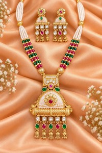 Ensemble de bijoux Kundan plaqué or traditionnel pour femmes, collier et boucles d'oreilles en perles imitation, ensemble pour mariage et fêtes - Product Image 2
