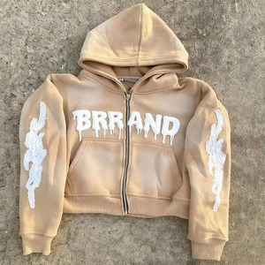 Glory Sweat à capuche zippé pour homme, style streetwear, avec logo personnalisé, en tissu épais, délavé à l'acide, effet vieilli vintage, coupe courte, broderie de strass, OEM - Product Image 2