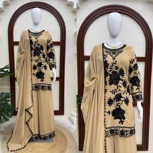New Designer Foux Georgette Salwar Kameez Set Sequence Cutwork Border Stretchable Quick Dry All Seasons Women's <b>Top</b> Bottom - Product Image 1