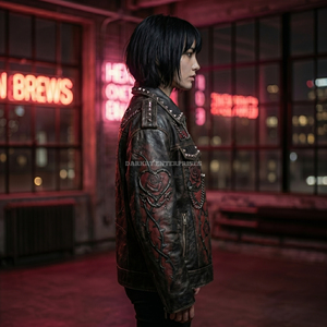 Chaqueta de Cuero de Oveja Auténtica Negra y Roja para Mujer, Estilo Punk con Tachuelas y Cadena, Chaqueta de Motera con Bordado de Corazón y Rosa, Ropa Exterior B2B - Product Image 3
