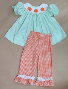 Pumpkin hand Smocked Top & Bloomer Shorts Set, <b>Mint</b> Green Fall 2-Piece Toddler Girl Outfit - Product Image 5