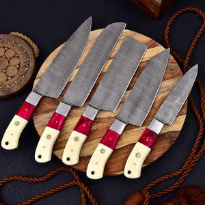 Damascus Steel Chef <b>Knife</b> Set 5-piece Handmade Wood <b>Handle</b> Kitchen <b>Knives</b> Straight Edge for Home Restaurant - Product Image 1