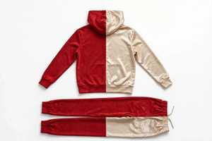 Conjunto de Sudadera con Capucha y Pantalones Deportivos Unisex, Color Rojo y Blanco, Bloques de Color, Forro Polar Invernal, Transpirable, 350 Gramos, Bolsillo con Cordón Bordado, Estilo Casual - Product Image 2