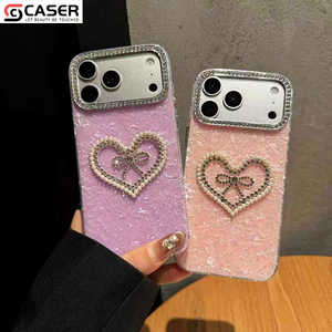 Funda Protectora para iPhone 17/16/15/<span class=keywords><strong>14</strong></span> con Diseño de Corazón y Lazo, Textura de Mármol Brillante, Plisada, con Cristales y Perlas, a Prueba de Golpes - Product Image 4
