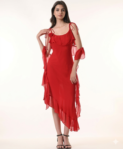 Vestido midi rojo elegante con volantes asimétricos y tirantes para los hombros para mujer - Product Image 3
