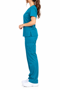 Ensemble de blouses médicales unisexe, violet avec bordure rose, coton/polyester/pantalon tricoté, col en V, manches longues, respirant, confortable, haute qualité - Product Image 5