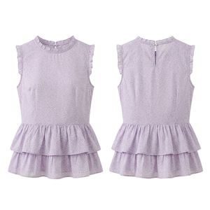 Custom Georgette <b>Lilac</b> Poly Blouse Sleeveless Double Tier Ruffle Trim Mock Neck Lovely Flowy Evening Classic Day Blouses - Product Image 1