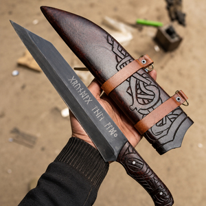Couteau de camping Viking Seax en acier à haute teneur en carbone forgé à la main, lame de 8 pouces, manche en corne de bélier, poinçon en laiton, ambidextre, pour l'extérieur - Vente chaude - Product Image 1