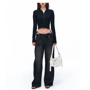 Pantalones vaqueros negros de cintura alta para mujer, de pierna ancha, estilo vintage, lavados, de ajuste holgado y recto, pantalones de mezclilla personalizados al por mayor, a la moda - Product Image 1