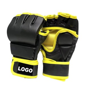 Gants de MMA demi-doigts en cuir PU noir et jaune avec fermeture Velcro, équipement d'entraînement d'arts martiaux unisexe - Product Image 1