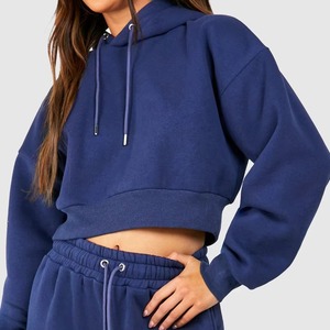 Vente en gros de sweats à capuche en molleton pour femmes, personnalisés, hiver, coupe courte, avec logo frontal, épaules tombantes, fermeture éclair intégrale, cordon de serrage, style sport et streetwear décontracté, OEM - Product Image 3
