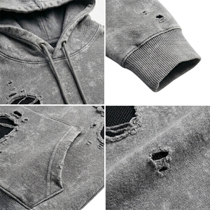 OEM Men's Autumn Waterproof Breathable Eco-Friendly Heavyweight Solid Pattern Cotton Fleece Acid Washed Distressed Front Hoodie - Product Image 5