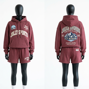 Women <b>Maroon</b> Fleece Hoodie Short Set GSM Cotton Polyester Soft Warm Custom Screen Print Logo Outfit Hoodie Shorts Set for Women - Product Image 1