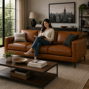 Modern Genuine Leather <b>Sofa</b> 3 Seater Mid Century Modern Couch with Slim Track Arms and Metal <b>Legs</b> <b>for</b> Living Room Furniture - Product Image 5