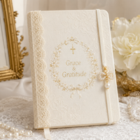 Carnet de prière personnalisé LABON en lin avec dentelle, croix dorée, carnet de gratitude sur mesure, coffret cadeau spirituel avec breloque nœud perlé
