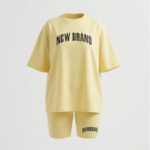 Nouvel ensemble 2 pièces pour femme, t-shirt ample à manches courtes et short au-dessus du genou, décontracté, printemps-été, jaune, en coton - Product Image 1