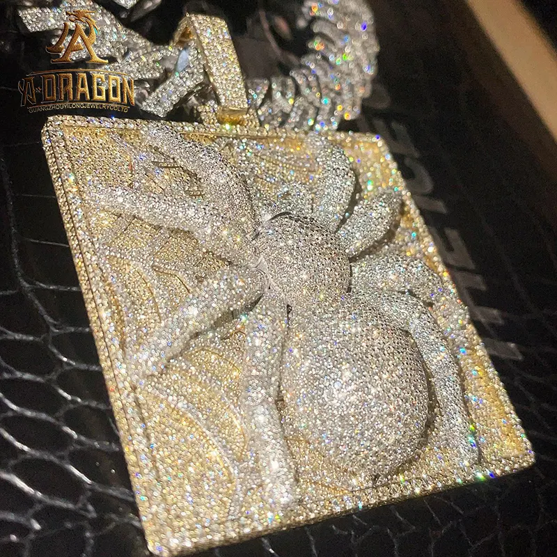 Moda 925 Plata Moissanite diamante 14K chapado en oro Etiqueta de perro diseño araña colgante collar conjunto para hombres