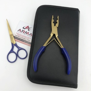 2 Hole Hair Plier Blue Coated with Gold Color <b>Micro</b> rings Stainless Steel Hair <b>Extension</b> Scissors with Needles and Clips - Product Image 5
