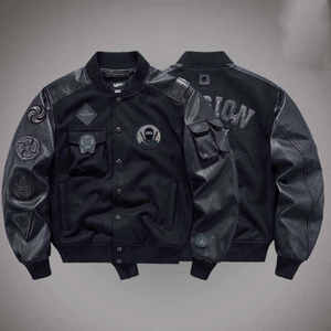 Men's Techwear Tactical Bomber Jacket Urban Streetwear Cyberpunk Patchwork Leather Sleeve Varsity Jacket Hip Hop Windbreaker - Product Image 1