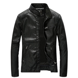 Chaqueta de Moto de Cuero PU para Hombre, Corte Ajustado, Cuello Alto, Cierre de Cremallera, Color Negro Sólido, Ropa de Motocicleta para Otoño, Manga Regular - Product Image 1