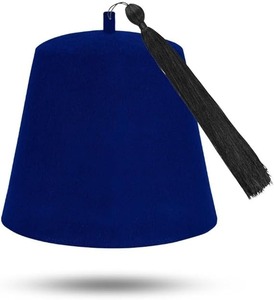 Chapeau Fez maçonnique uni - Laine bleue avec diverses couleurs de pompons, fermeture par cordon, motif uni - Product Image 1