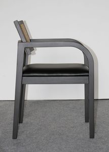 Chaise de salle à manger en bois de mahogany massif et rotin avec siège rembourré en cuir PU noir pour la maison, la villa, l'appartement et l'hôtel - Product Image 5