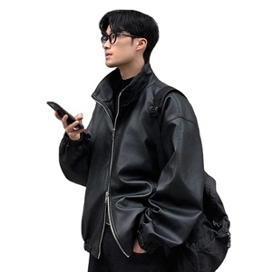 Veste imperméable américaine décontractée tendance en cuir véritable pour hommes, hiver, couleur unie, col montant, style de rue. - Product Image 1