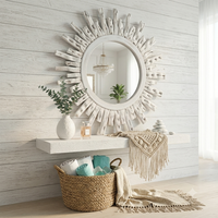 Miroir mural rond en bois de style rustique, effet soleil, décoratif, style côtier bohème, pour salon, entrée, chambre et villa