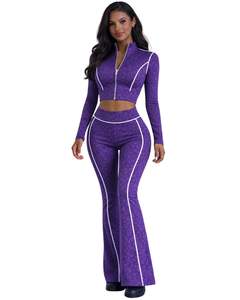 ชุดโยคะสองชิ้นสีม่วงสำหรับผู้หญิง เสื้อครอปซิปและกางเกงขาบานเอวสูง ตะเข็บตัดกัน ชุดออกกำลังกาย ชุดฟิตเนส ผู้ผลิตตามสั่ง - Product Image 1