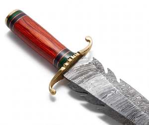 Cuchillo decorativo artesanal de acero de Damasco con diseño de plumas y mango de palisandro - Product Image 3