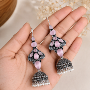 ต่างหู jhumka ประดับด้วยหินสีออกซิไดซ์สีชมพูสำหรับผู้หญิงต่างหูไข่มุกอินเดียแบบดั้งเดิม - Product Image 3